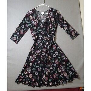 Leota Black Floral Wrap Dress Women’s Small 3/4 Sleeve Stretch Fit & Flare